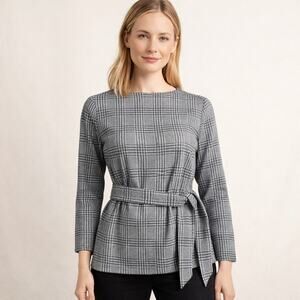 Ann Taylor Gray & White Plaid Tie Waist Top Size Small